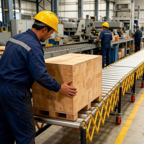Man loading wooden box onto Stainless Steel Expandable Roller Conveyor Packs Hella Tough 900 Pound Load Capacity for warehouses.