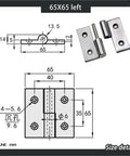 Removable heavy-duty hinge, 304 stainless steel, 65x65 left, with mounting holes (front view)