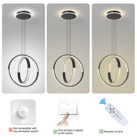 Black 2 Ring Chandelier With Remote Control Dimmable Hanging Light Fixture LED Suspended Light showing dimming options and remote.