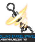 Heavy Duty Fishing Clips With Swivels Set Including Barrel Swivels, Quick Change Lure Snaps, Stainless Steel Tackle Connectors For Freshwater And Saltwater, 50 Pack, showing close-up of a barrel swivel with rotation effect