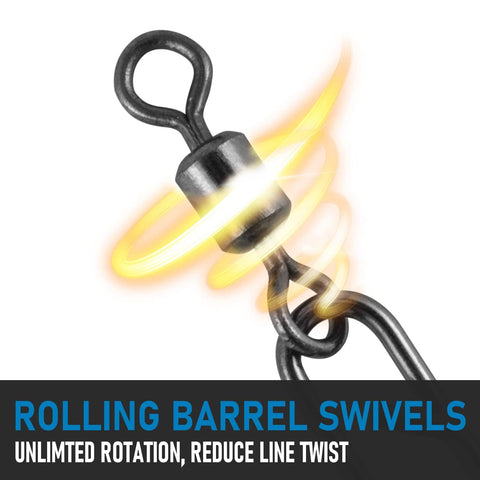 Heavy Duty Fishing Clips With Swivels Set Including Barrel Swivels, Quick Change Lure Snaps, Stainless Steel Tackle Connectors For Freshwater And Saltwater, 50 Pack, showing close-up of a barrel swivel with rotation effect