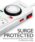 Close-up of timer dial on Eight-Outlet Power Strip With Timer And Surge Protector, showing surge protection feature