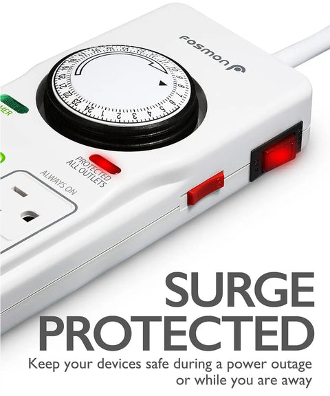 Close-up of timer dial on Eight-Outlet Power Strip With Timer And Surge Protector, showing surge protection feature