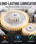 Close-up of plastic gears lubricated with Low Noise Gear Grease For Plastic Gears 1 Oz White Lithium Lubricant, Smooth Quiet Operation
