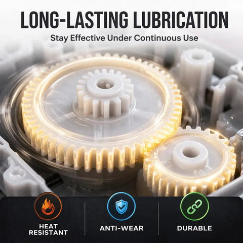 Close-up of plastic gears lubricated with Low Noise Gear Grease For Plastic Gears 1 Oz White Lithium Lubricant, Smooth Quiet Operation