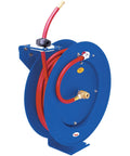 M619 Auto Recoil Reel With Fifty Foot Three Eighth Inch Air Hose 300 PSI Positive Latching Four Direction Rollers Brass Main Shaft