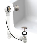 Heavy Duty Cable Driven Bath Waste Drain Assembly With Twenty Seven Long Cable And Solid Brass Handle Fits One Half Schedule Forty PVC Pipe Featuring Smooth Pop Up Stopper Valve And Tight Strainer Plate For Hassle Free Bathroom Updates displaying installed components.