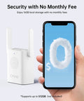 Wireless Doorbell Cam With Base Station, 5MP Super HD Door Cam with smartphone showing cloud symbol and no monthly fee.