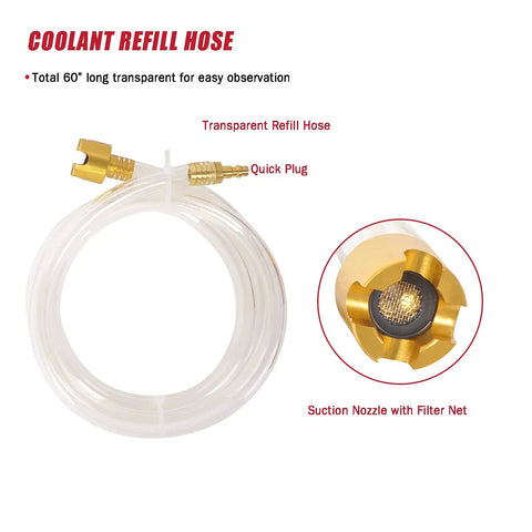 Universal Engine Cooling System Vacuum Purge And Refill Kit Set That Busts Air Pockets Speeds Coolant Swaps And Cuts Cleanup For Grease Monkeys Who Want A Hassle Free Shop Floor Routine with 60" transparent refill hose and quick plug.