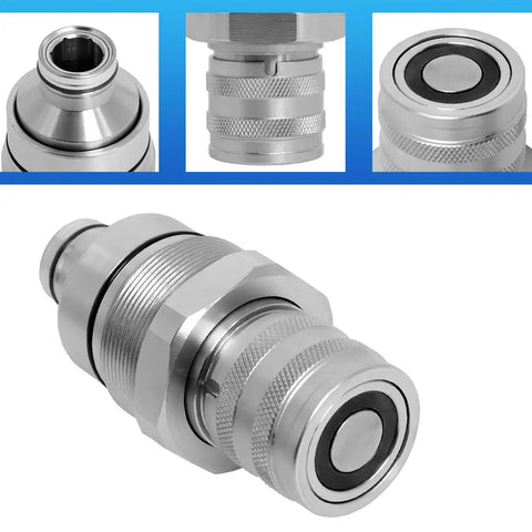 Hydraulic Female Flat Face Quick Coupler 48mm Thread Beefed Up Quick Attach for skid steers and excavators shown in multiple views