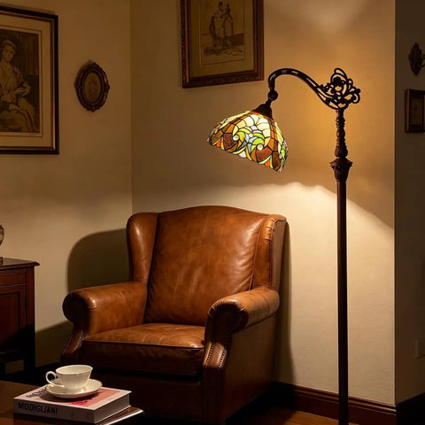 Tiffany Style Stained Glass Reading Floor Lamp with Antique Arched Tall Design 62 Inch for Living Room Vintage Vibe