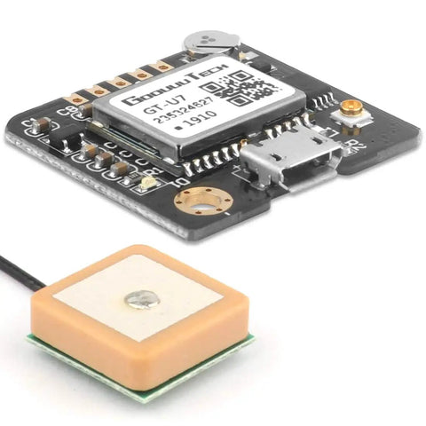 GT U7 GPS Module two pack with plug and play setup, high sensitivity and low power draw, top view of antenna and circuit board