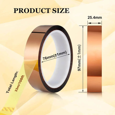 Side view of high temperature polyimide film adhesive tape showing dimensions including 76mm diameter and 25.4mm thickness.