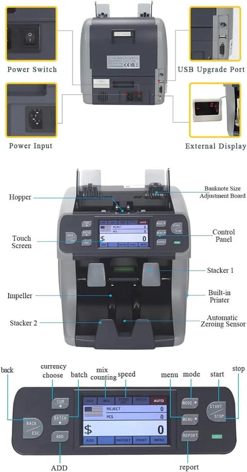 Commercial CIS Currency Counter With Touch Screen Multi Currency Detection And Serial Number Reader For Bank Use showing control panel and ports.