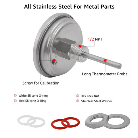 3 Inch Dial Kettle Thermometer With 2 Inch Probe Half NPT Stainless Steel Dual Scale Fahrenheit Celsius For Home Brewing No Fuss Quick Install On Your Brew Pot Food Safe Temperature Gauge, stainless steel probe and 1/2 NPT fitting