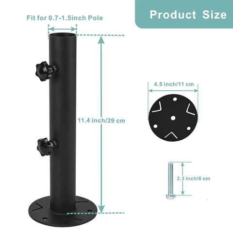 Fits 0.75 To 1.5 Inch Diameter Umbrella Poles Universal Clamp Mount Table Bracket showing dimensions and components.
