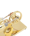 LED Powered Stirling Engine Model With Flywheel Light Up Demonstration For Science Projects Power Generator Educational Toy For Kids And Adults Aluminum Alloy Glass Gold Finish, gold flywheel close-up