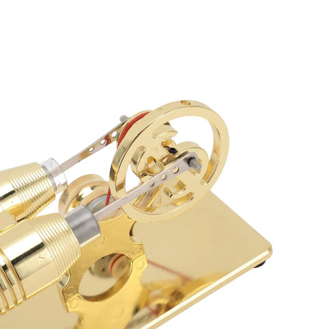 LED Powered Stirling Engine Model With Flywheel Light Up Demonstration For Science Projects Power Generator Educational Toy For Kids And Adults Aluminum Alloy Glass Gold Finish, gold flywheel close-up