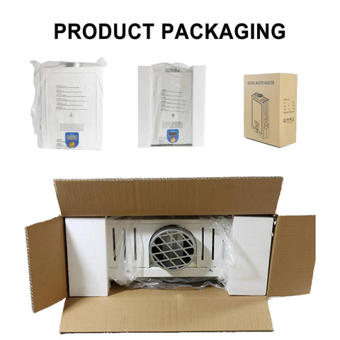 Product packaging of Diesel Tankless Water Heater Gets You Gushin Hot Water Fast With LED Display And Knob inside a brown box.