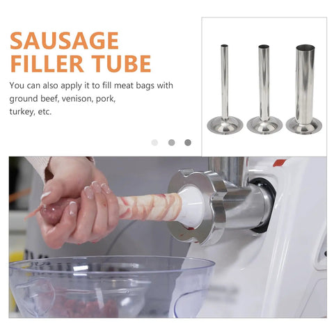 Using Size 8 Stainless Steel Sausage Stuffer Tubes Set Three Tube Kit for filling meat casings with ground meat in kitchen