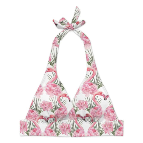 Two Piece Swimsuit Set For Women With Short Skirt Green Leaves And Pink Flamingo Floral Print top with tie straps