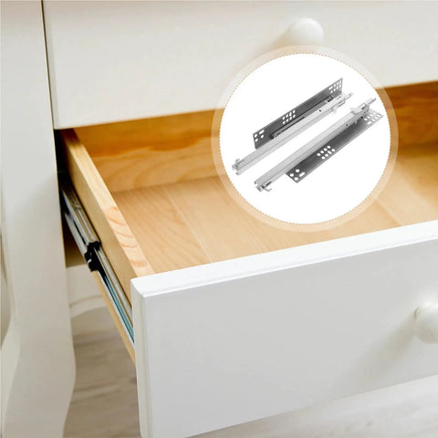 Built Tough 12 Inch Silver Hidden Drawer Slides Featuring Smooth Soft Close Action Premium Undermount Glides For Kitchen Cabinets and Everyday Drawers in open drawer