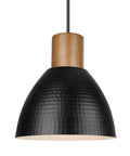 Industrial Hammered Metal Pendant Light Fixture, 10 Inch Adjustable Hanging Lamp With Black Shade, wood accent visible