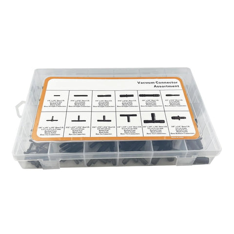 Vacuum connector assortment kit in clear plastic case, black nylon, 12 sizes, front view