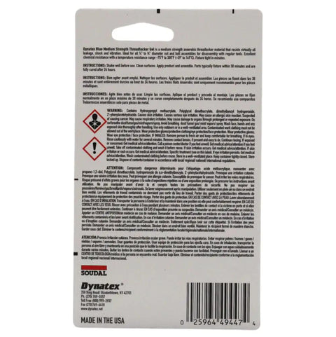 Back view of packaging for Blue Gel Thread Locker Medium Strength For Metal Fasteners, 0.20 Oz Bottle, instructions visible