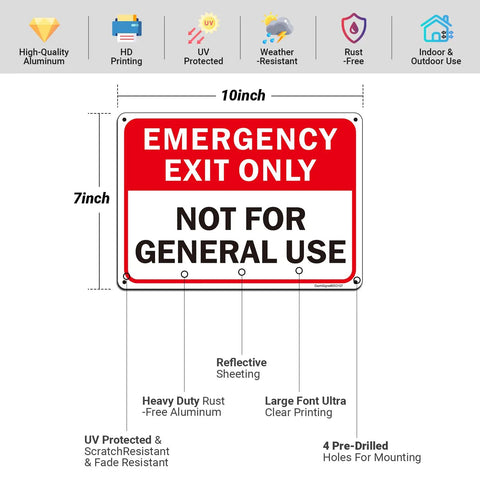 2 Pack Emergency Exit Only Sign Not For General Use Clear As Day Warning Label High Visibility Red Black White Bold Lettering, 10x7 inch aluminum sign.