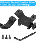 Hella Durable One Inch Scope Rings Single Screw Picatinny Rail Mount showing protective tape inside and screws for secure attachment.