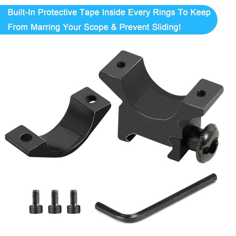 Hella Durable One Inch Scope Rings Single Screw Picatinny Rail Mount showing protective tape inside and screws for secure attachment.