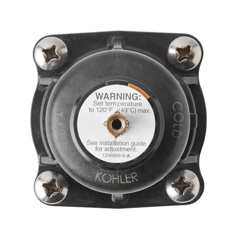 Top view of Rite Temp Pressure Balance Cartridge GP800881 No Fuss One Piece Design, black, showing installation warning.