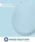 Close-up of wood toilet seat with easy clean hinges, round, Dresden blue finish, high gloss enamel surface, featuring quick removal design.