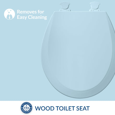 Close-up of wood toilet seat with easy clean hinges, round, Dresden blue finish, high gloss enamel surface, featuring quick removal design.
