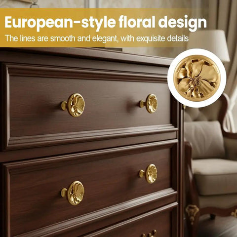 Two Pack Zinc Alloy Cabinet Knobs With Floral 3D Design shown on a wooden dresser enhancing royal luxury style
