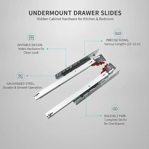 Hidden Undermount Drawer Slides For Kitchen And Bedroom, Galvanized Steel, Concealed Rails, Smooth Glide, 1 Pair