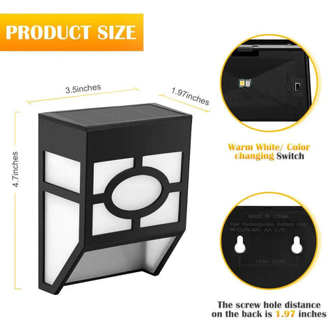 Outdoor Solar Wall Lights Set Of 8 With Dual Modes Warm White And Color Changing LEDs Waterproof Pathway Deck Fence Patio size details