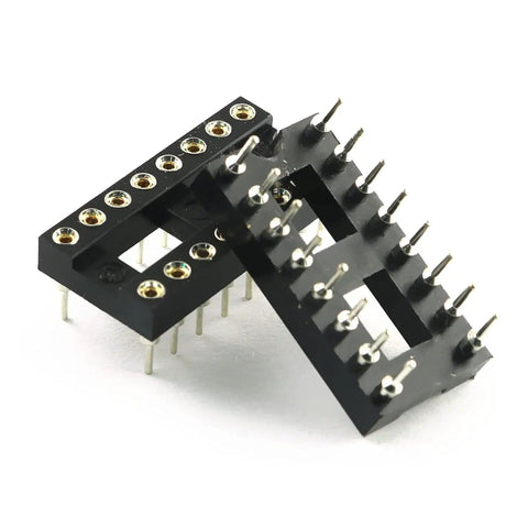 DIP IC Socket 2x8 Dual Row 16-Pin Soldering Socket, 2.54mm Pitch, 7.6mm Row Spacing, rugged black and silver adapter