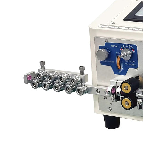 Close-up of Qiokoith Fully Automatic Wire Stripping Machine with precision roller adjustments and dual geared wheels.
