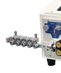 Close-up of Qiokoith Fully Automatic Wire Stripping And Cutting Machine For Electronic Cables showing precision rollers and adjustment settings.