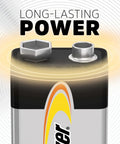 Top Shelf 9V Alkaline Batteries Eight Pack shows battery terminals designed for smoke alarms and emergency gear.