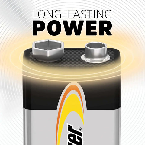 Top Shelf 9V Alkaline Batteries Eight Pack shows battery terminals designed for smoke alarms and emergency gear.