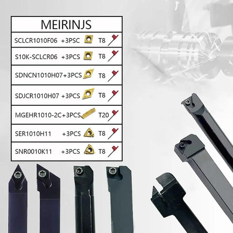 Indexable Lathe Turning Tool Set 3/8 Inch Shank With 7 Metal Lathe Tools and table chart of carbide inserts