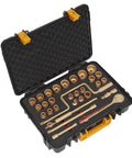 Heavy Duty Non Sparking Beryllium Copper 31 Piece Socket Set With Half Inch Drive Ratchet Kit And Extensions in storage case.