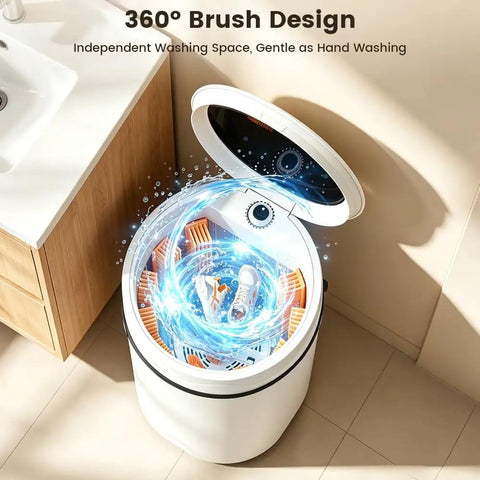 Triple Threat Semi Auto Mini Washer Dryer For Sneakers And Workout Gear in a bathroom with 360° brush design.