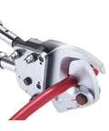Close-up of Heavy Duty Ratchet Wire Stripping Machine And Cable Cutter Tool For Armored Cu Alu Shear Bolt cutting red cable.