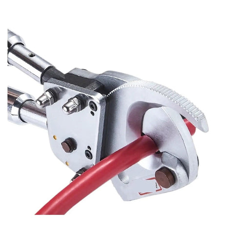 Close-up of Heavy Duty Ratchet Wire Stripping Machine And Cable Cutter Tool For Armored Cu Alu Shear Bolt cutting red cable.