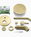 Brushed Gold Shower and Tub Faucet Set With Rain Shower Head and Tub Spout, High Flow Eight Inch Head, installation components visible