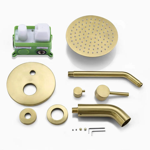 Brushed Gold Shower and Tub Faucet Set With Rain Shower Head and Tub Spout, High Flow Eight Inch Head, installation components visible